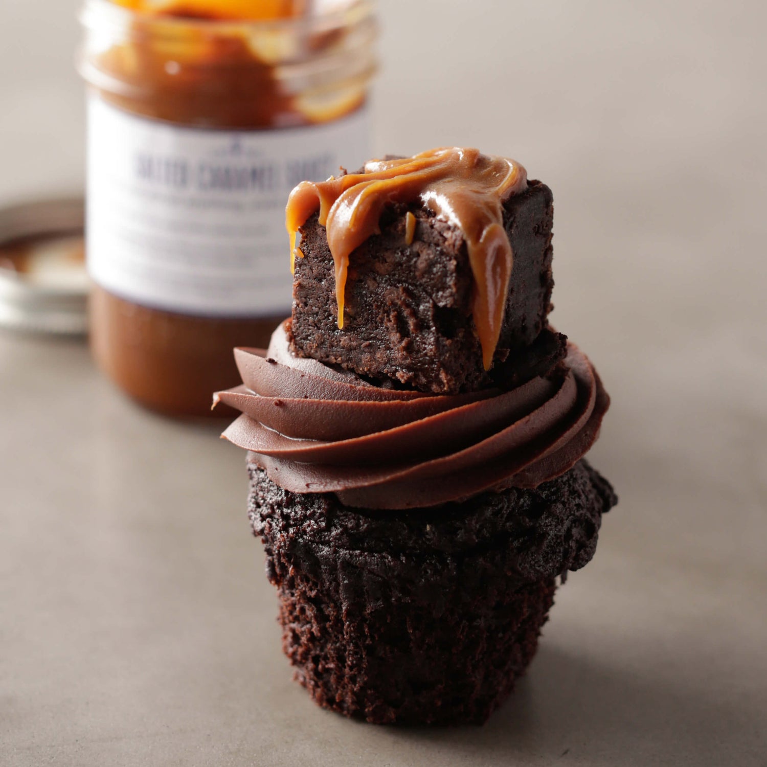 Gluten-Free Nut-Free Chocolate cupcake with brownie and salted caramel